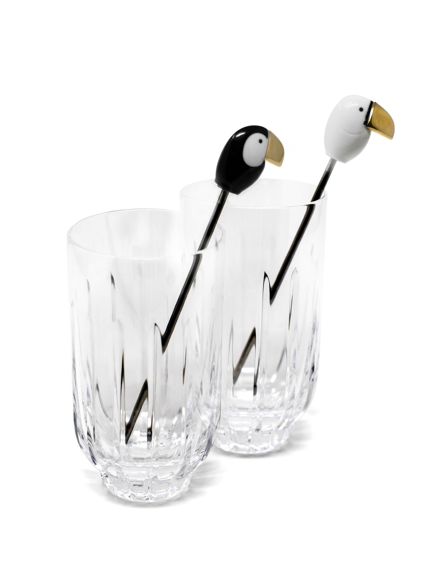 Lladró: Toucan 2 tall Crystal Glasses + 2 Stirrers Set. Golden Luster