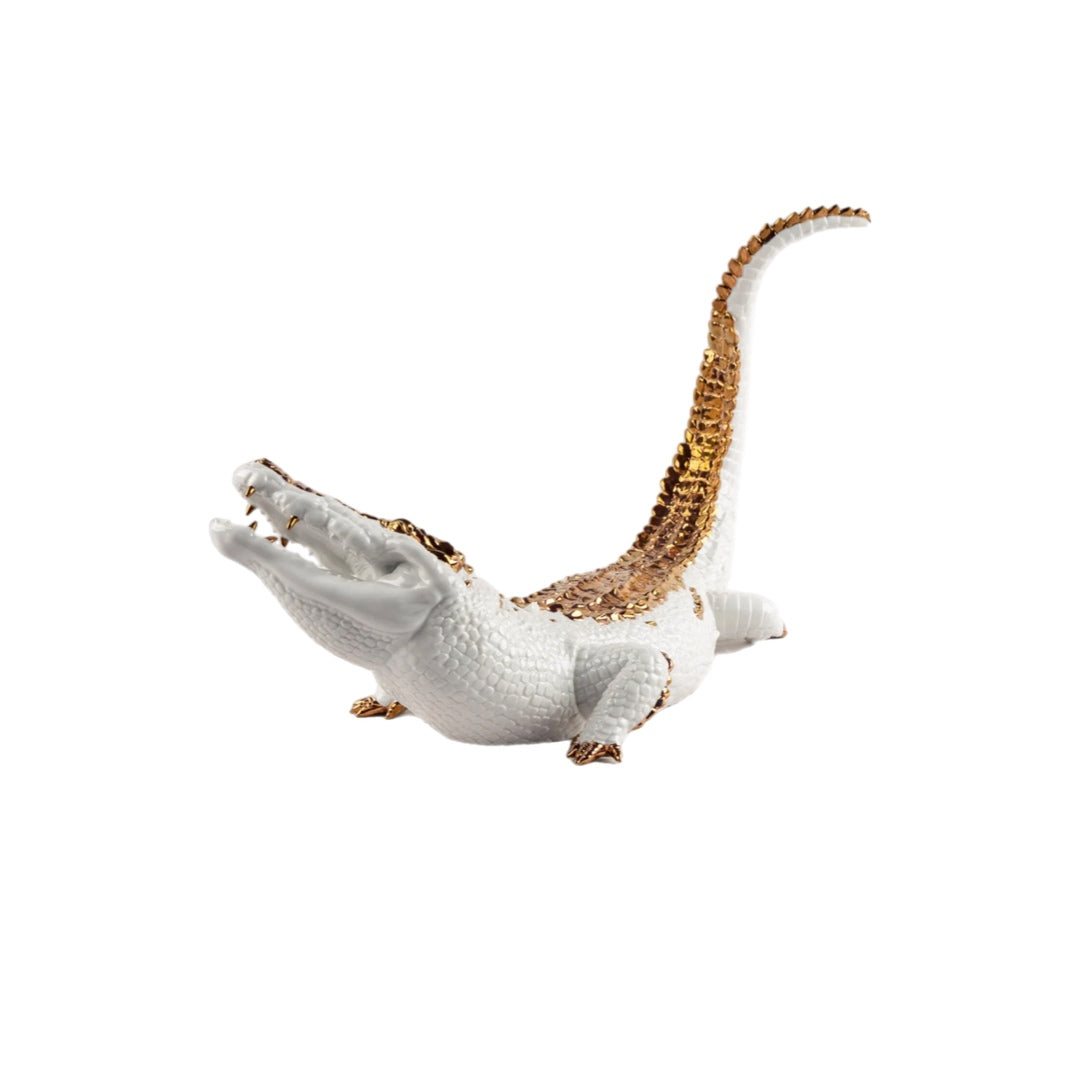 Lladró: Crocodile Figurine. White and Copper.