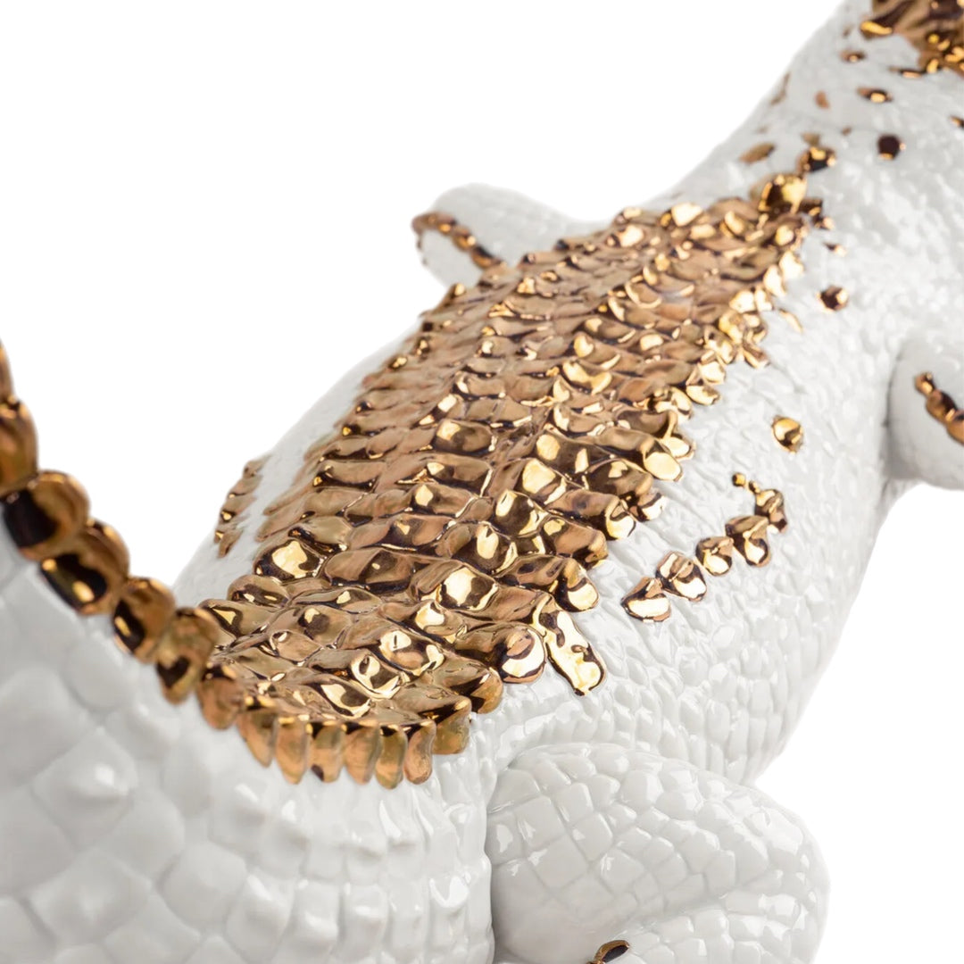Lladró: Crocodile Figurine. White and Copper.