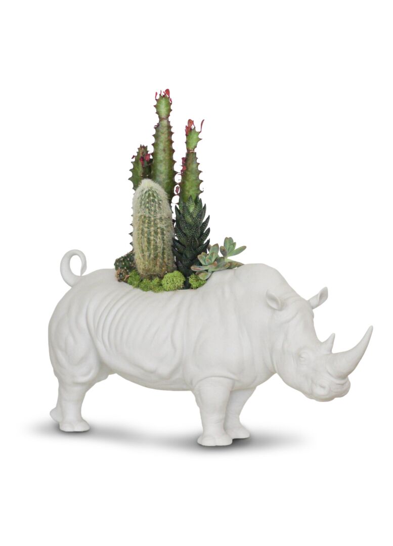 Lladró: Rhino Garden Figurine. Matte White. Plant the Future