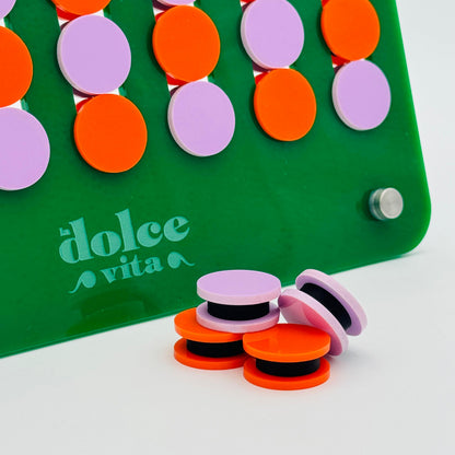 Luxe Dominoes: “El Cuatro” Solid Green, Orange vs Pastel Lavender Connect Four Game