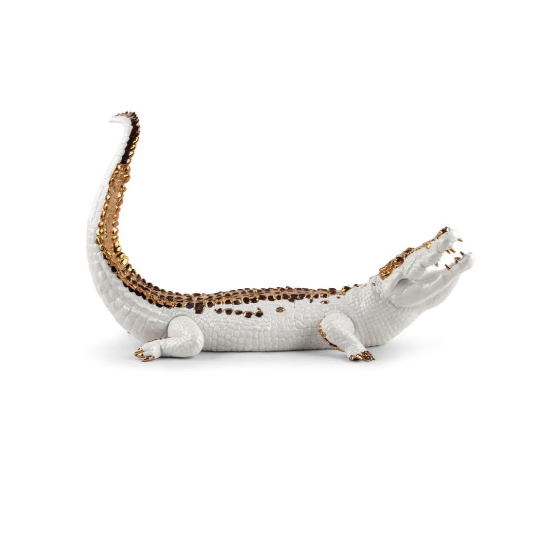 Lladró: Crocodile Figurine. White and Copper.