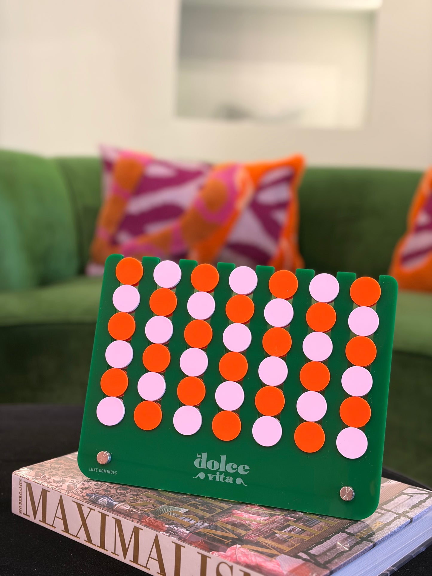 Luxe Dominoes: “El Cuatro” Solid Green, Orange vs Pastel Lavender Connect Four Game