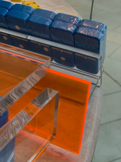 LUXE DOMINOES: EL CATIRE NEON ORANGE WITH BLUE TILES
