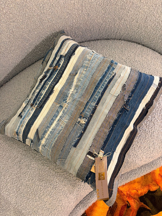 Miriam Budet: Denim Patched Pillow Jean Striped